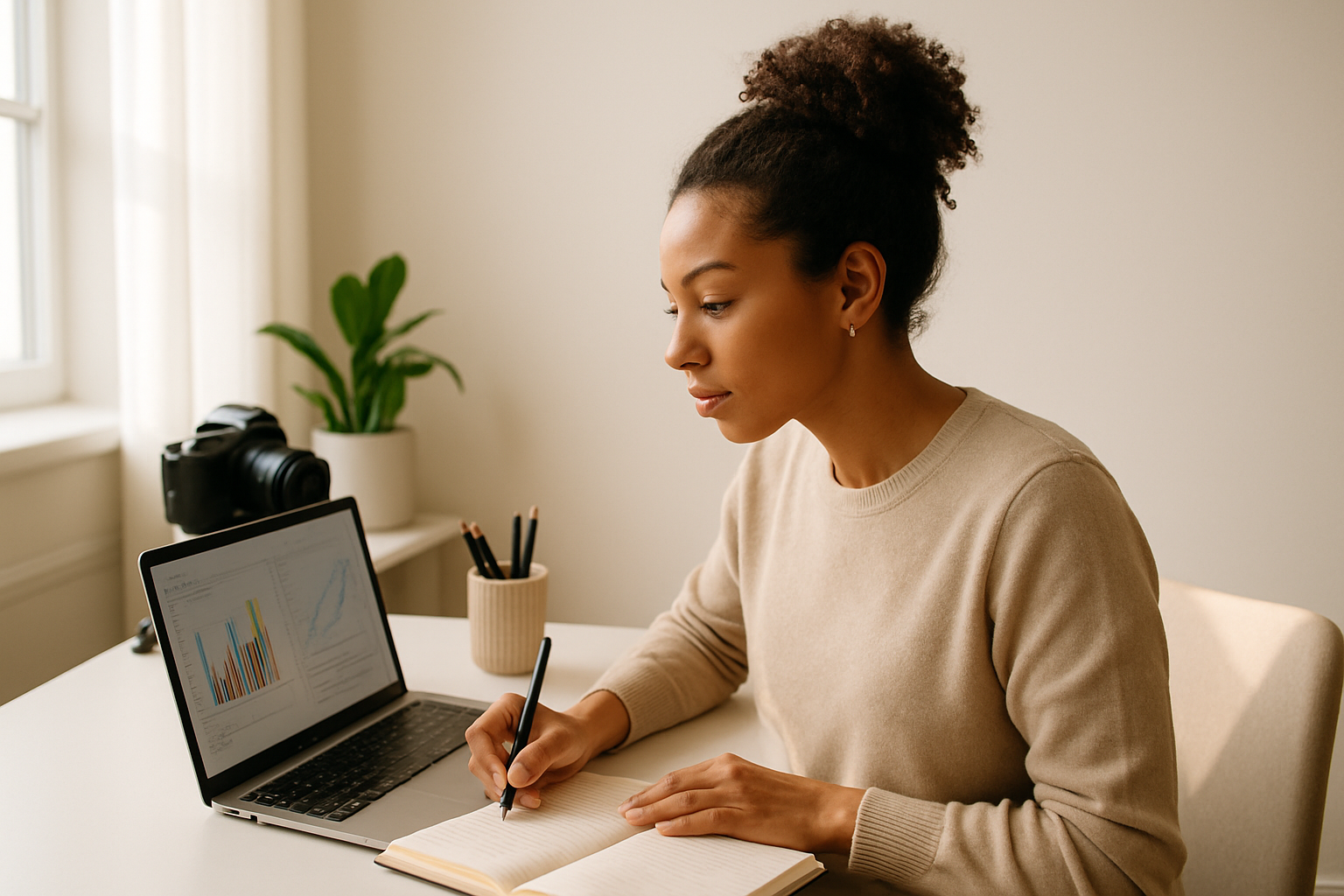 A creator reviewing analytics and notes at a bright, minimalist desk