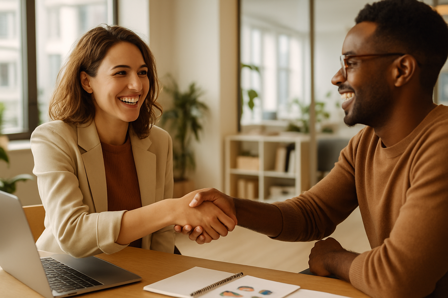 A creator and brand representative shaking hands after agreeing a partnership
