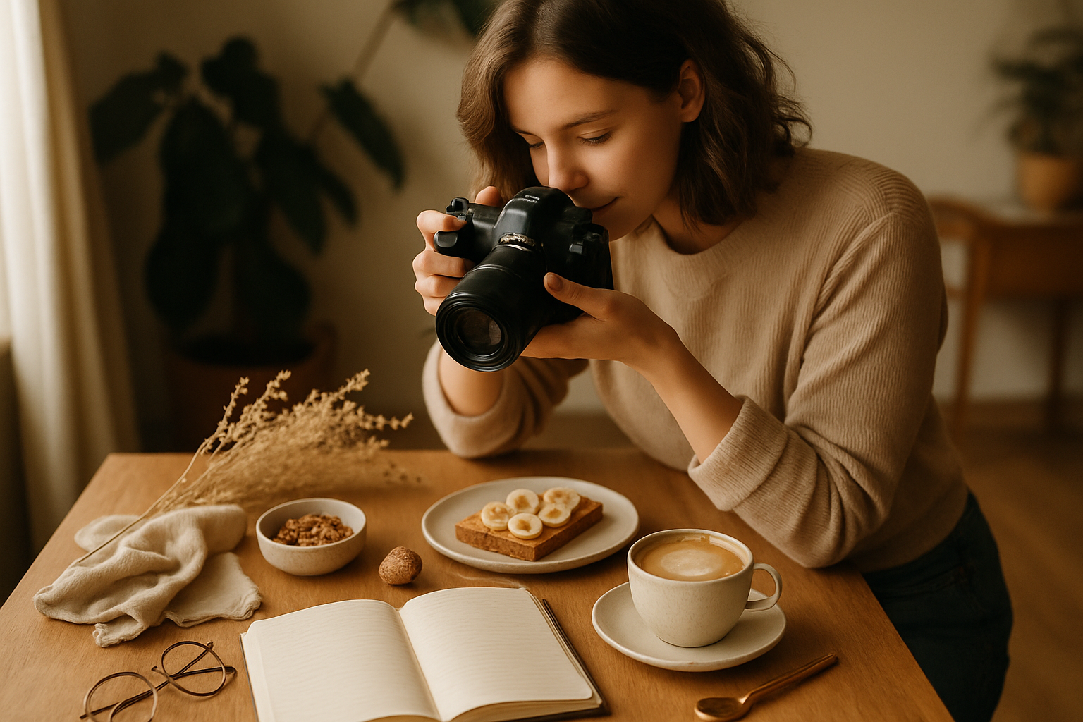 A lifestyle blogger photographing a product flat lay in natural light
