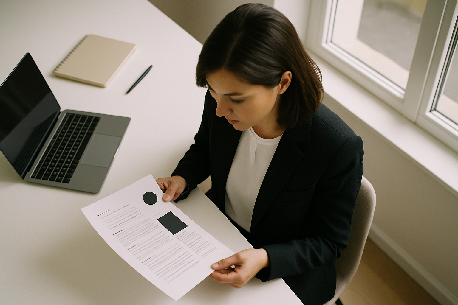 A brand marketer reviewing a campaign brief at a minimal desk