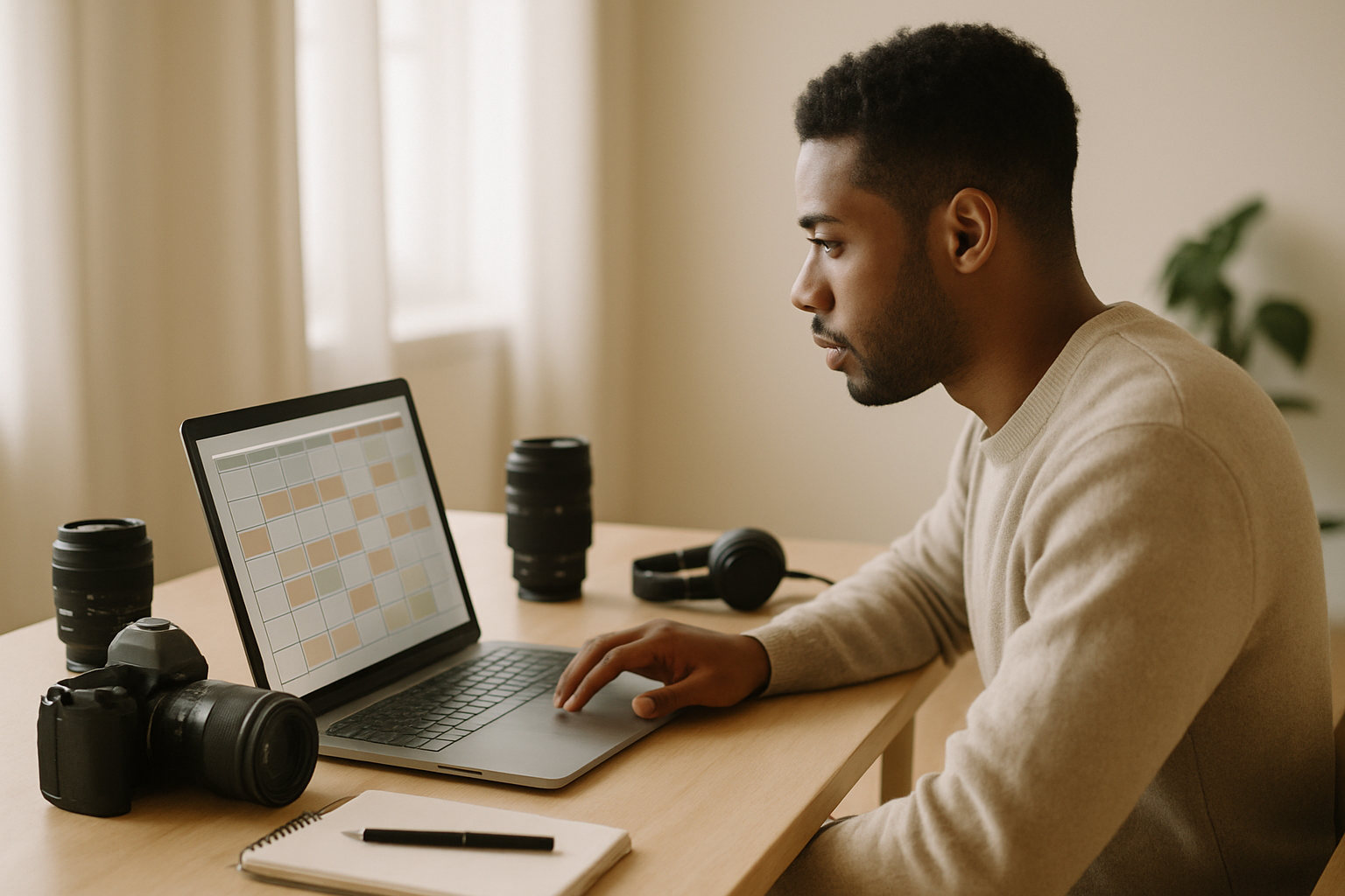 A creator reviewing a content calendar and camera equipment at a bright desk setup