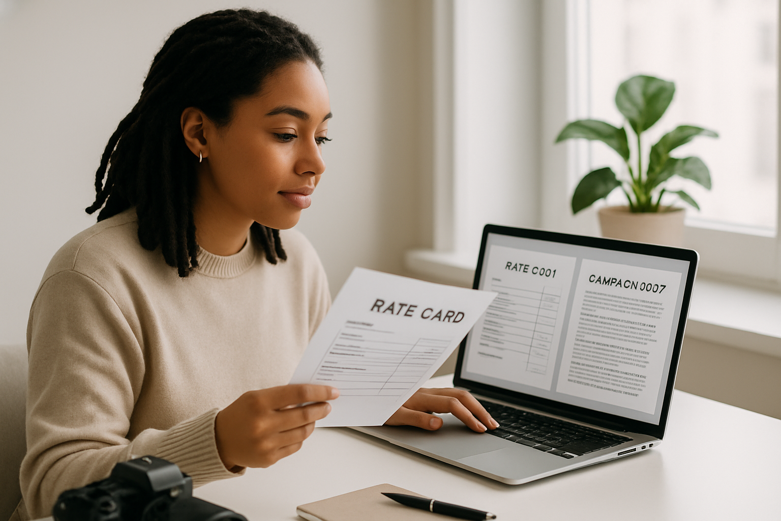 A creator reviewing a rate card and campaign brief at a desk