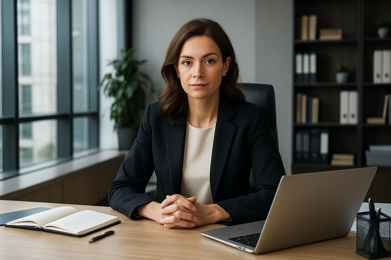 A marketing professional reviewing a campaign brief and mood board at a clean desk